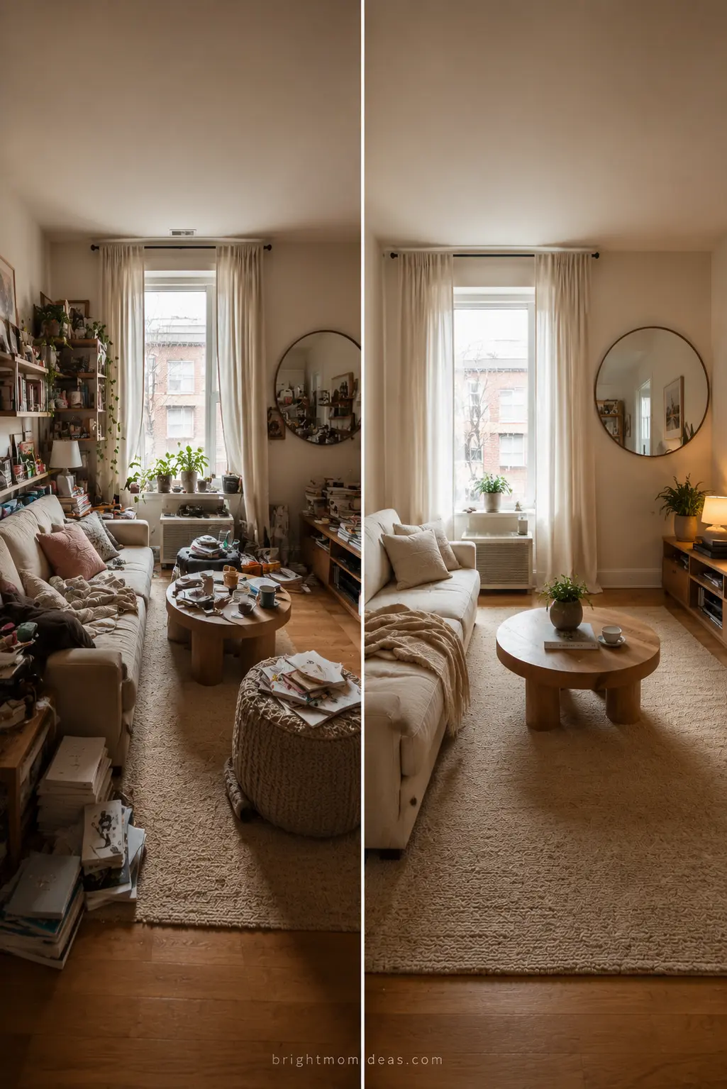 before and after small apartment editing 
process showing cluttered apartment 
transformed into calm intentional space 
by removing unnecessary objects first