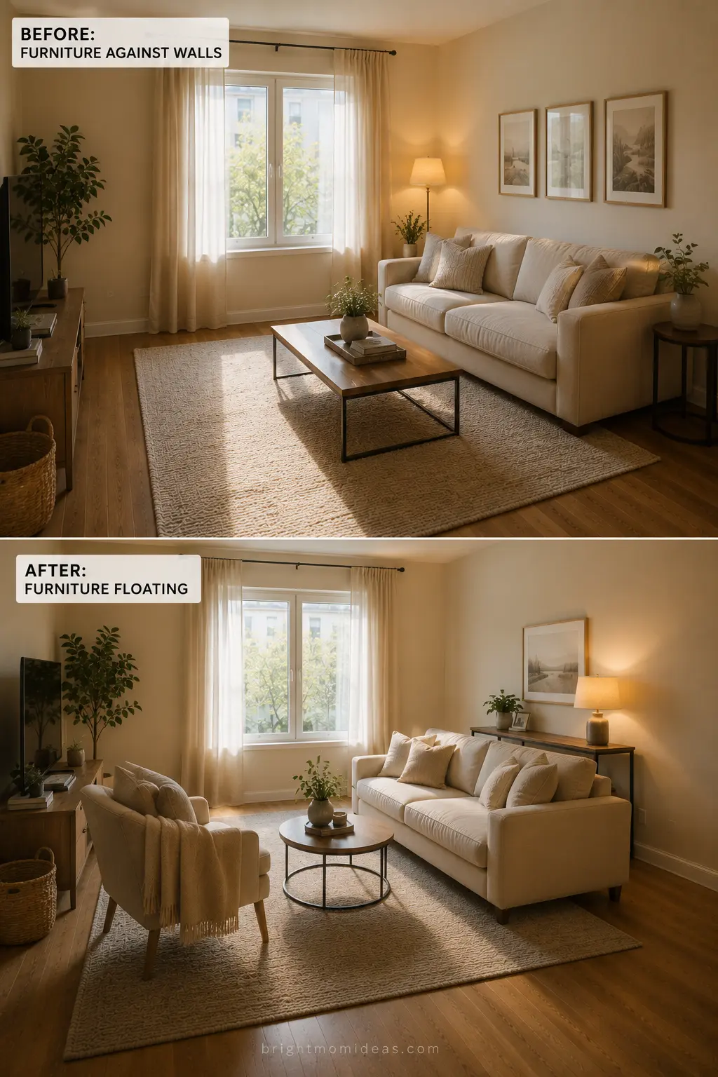 small apartment living room with furniture 
floated away from walls creating defined 
seating zone with negative space behind 
sofa making room feel larger and designed