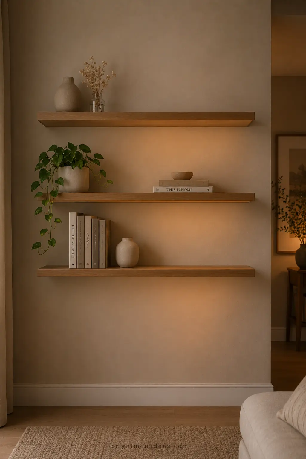 floating wall shelves in small apartment 
styled with books plants and minimal 
ceramic objects keeping floor completely 
clear and drawing eye upward