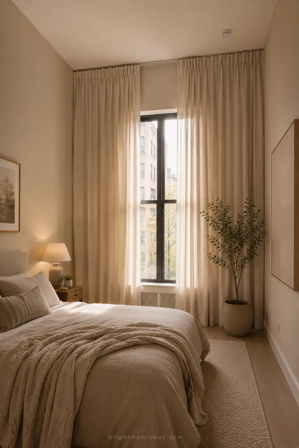 floor to ceiling curtains mounted near 
ceiling in small apartment making room 
feel dramatically taller with warm cream 
linen fabric matching wall color