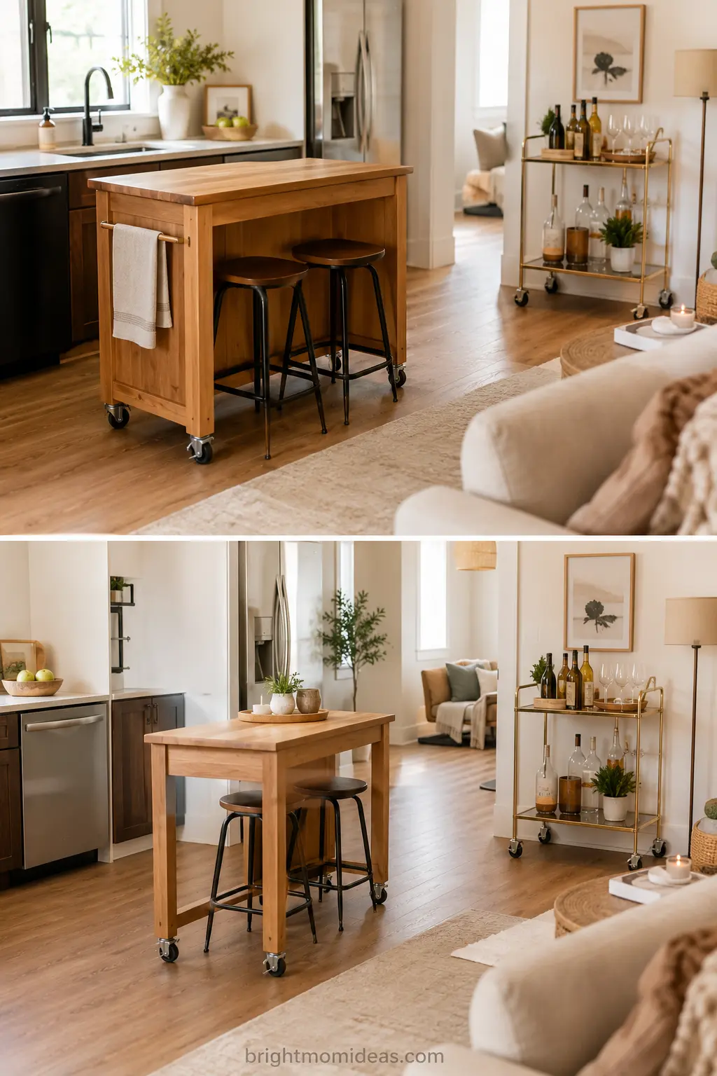 small apartment furniture on casters 
showing kitchen island on wheels being 
moved to create flexible open floor 
space demonstrating adaptable living