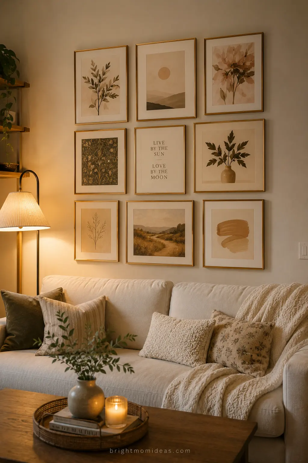 small apartment with strategically placed 
plants at different heights including floor 
plant in corner shelf trailing plant and 
windowsill plants adding life and dimension