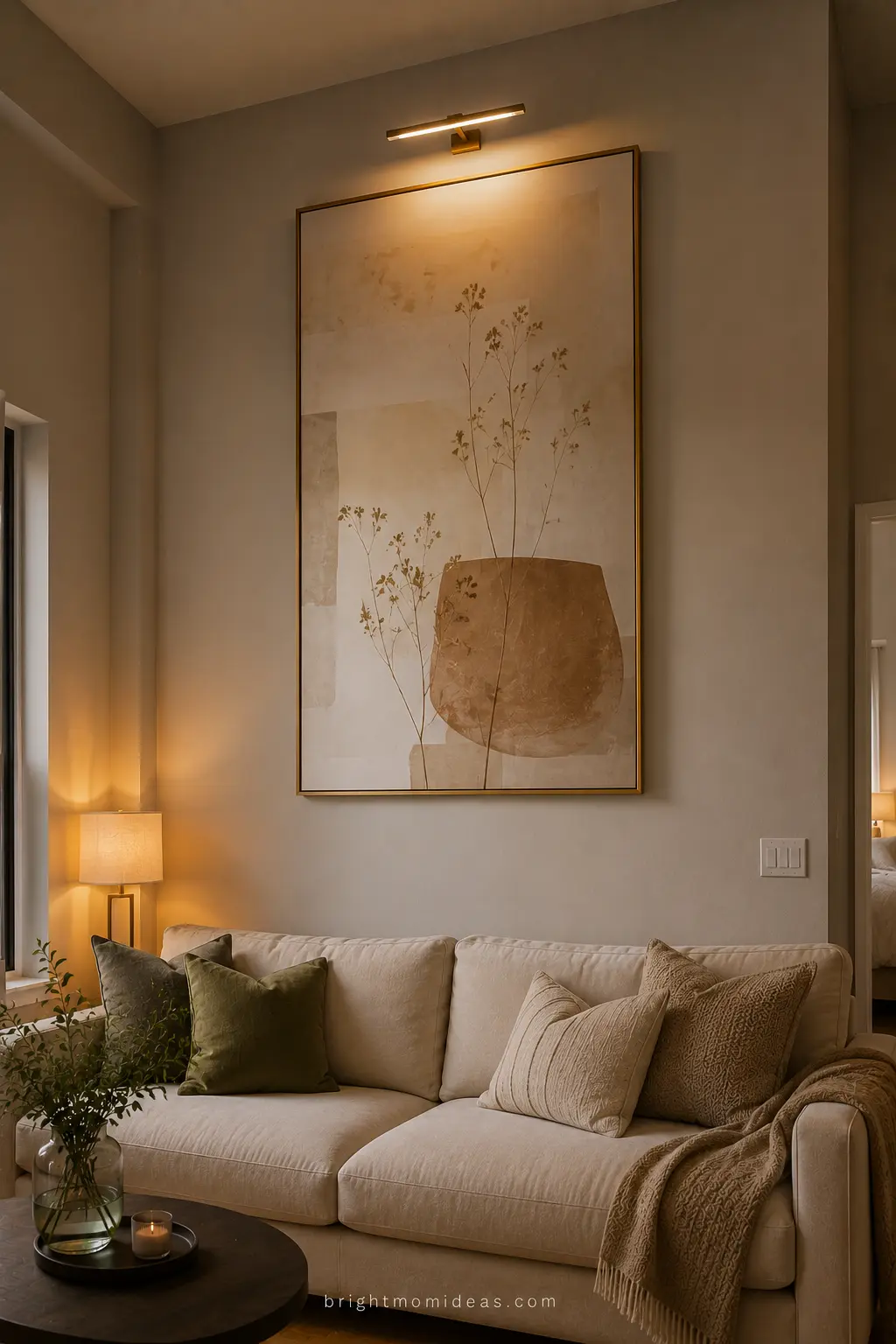 large artwork hung higher than standard 
eye level in small apartment drawing eye 
upward and making wall and ceiling feel 
taller and more architectural