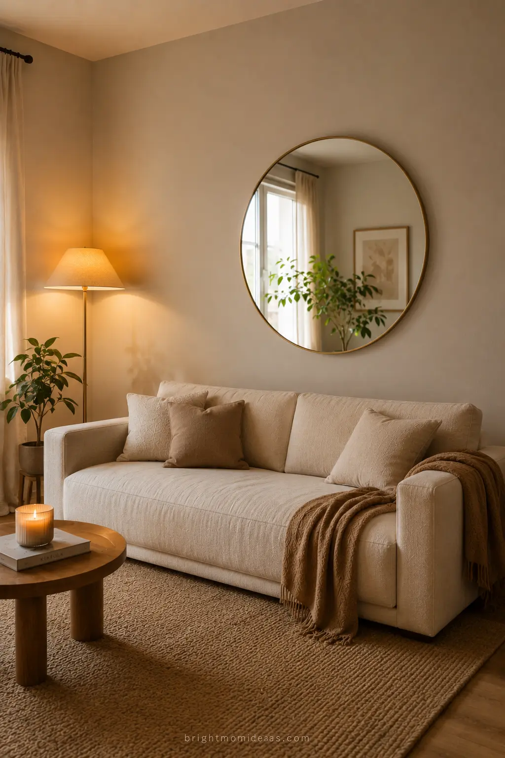 low profile cream linen sofa as hero 
furniture piece in small apartment living 
room making ceiling feel taller and room 
feel more spacious and beautifully designed