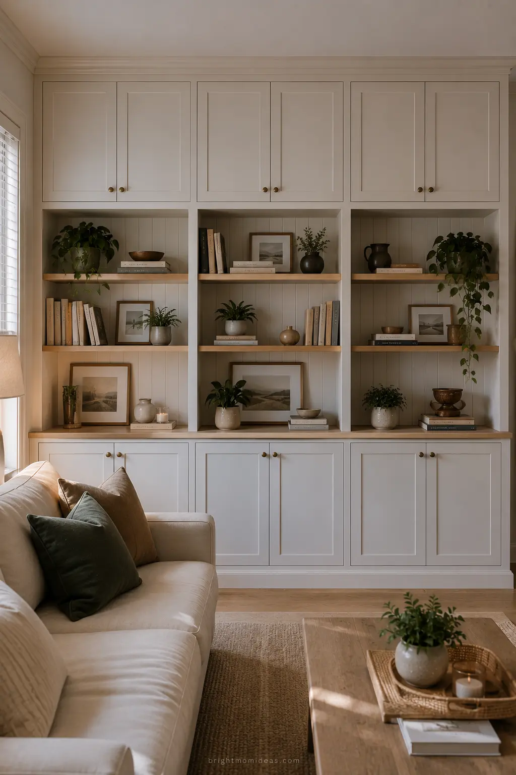custom built in floor to ceiling storage 
wall in small apartment living room with 
books plants and closed cabinets below 
transforming space into finished home