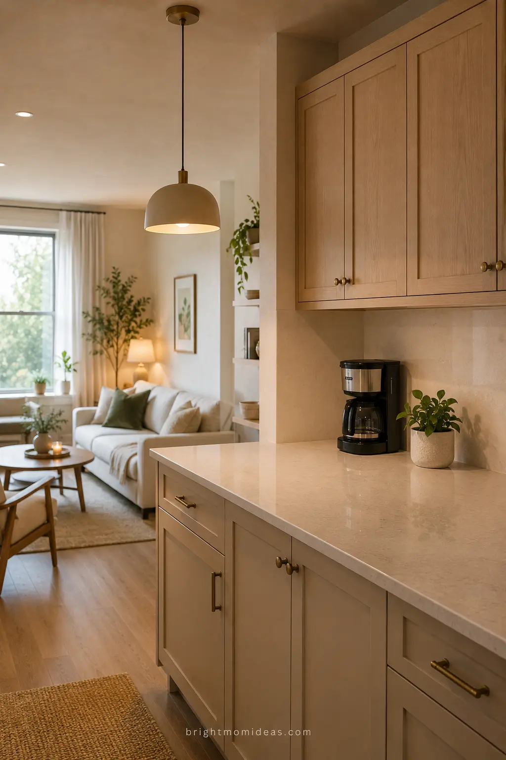 
small apartment kitchen with clear 
countertops only coffee maker visible 
showing how clear surfaces make entire 
open plan apartment feel larger and calmer