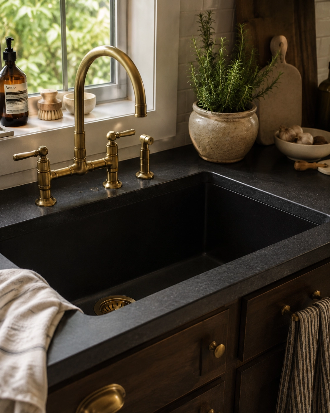 matte black kitchen sink with brass faucet 2026 trend