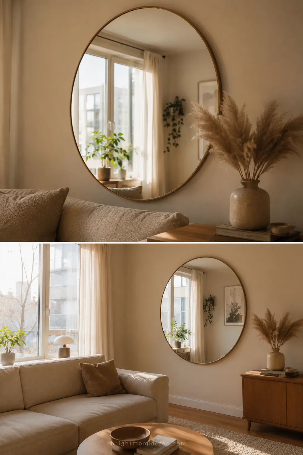 large round mirror placed opposite window 
in small apartment reflecting natural 
daylight doubling light and making room 
feel visually larger and brighter