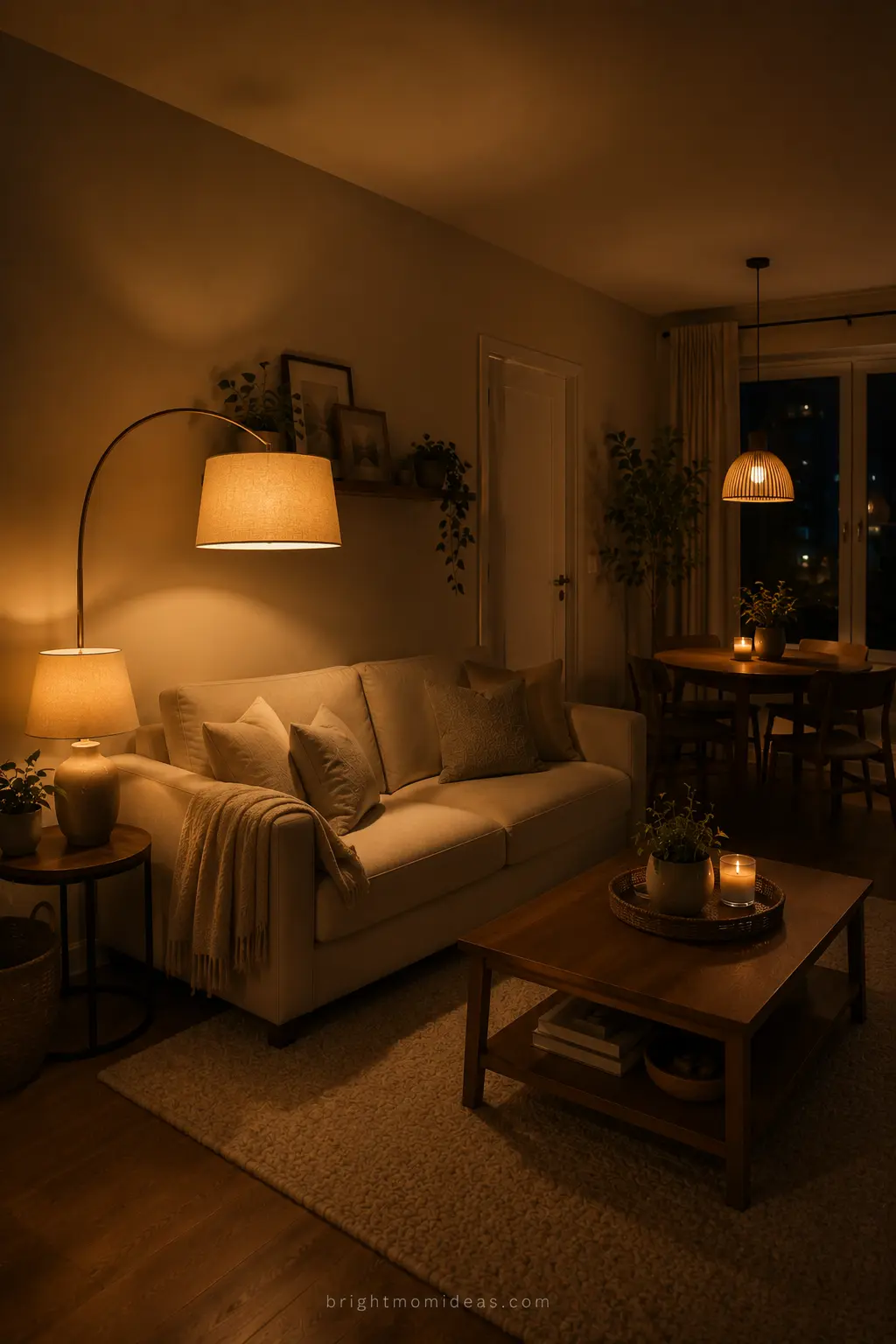 small apartment living room with layered 
lighting from floor lamp table lamp and 
warm pendant creating depth atmosphere 
and multiple pools of amber light