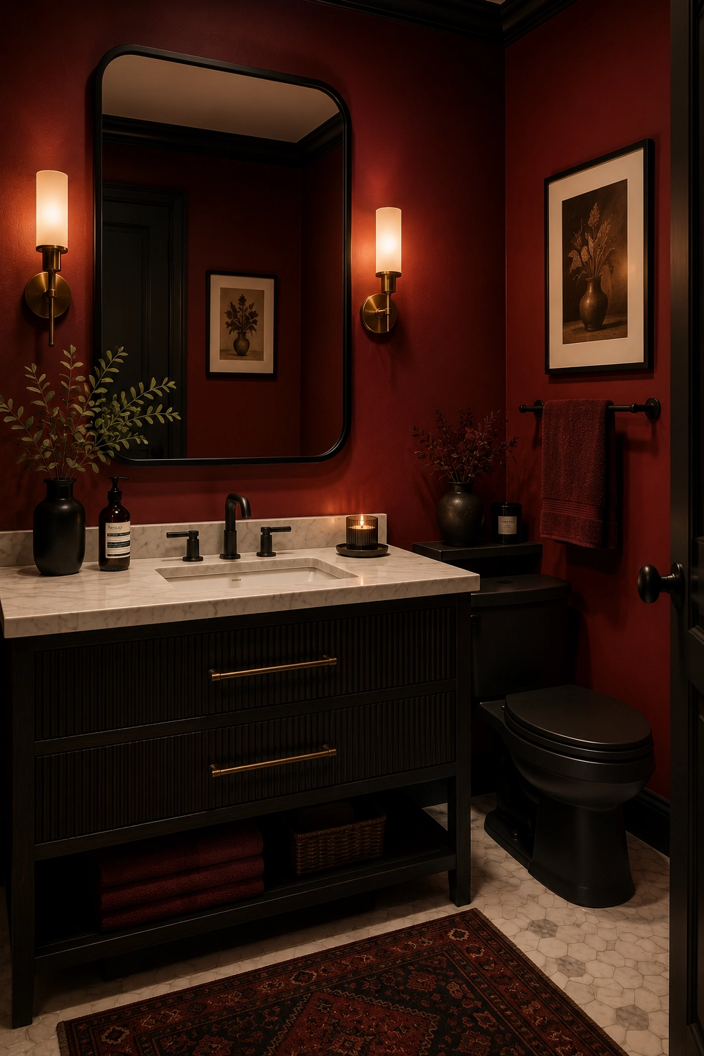 Moody red and black bathroom with matte black fixtures
