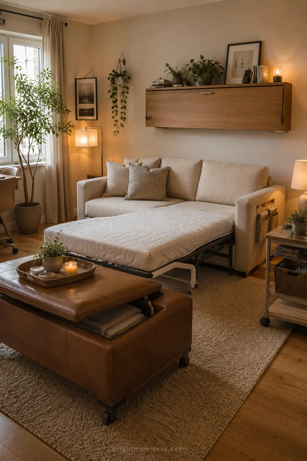 small apartment multi functional furniture 
showing storage ottoman as coffee table 
fold down wall desk and sofa bed in one 
room demonstrating smart space saving design