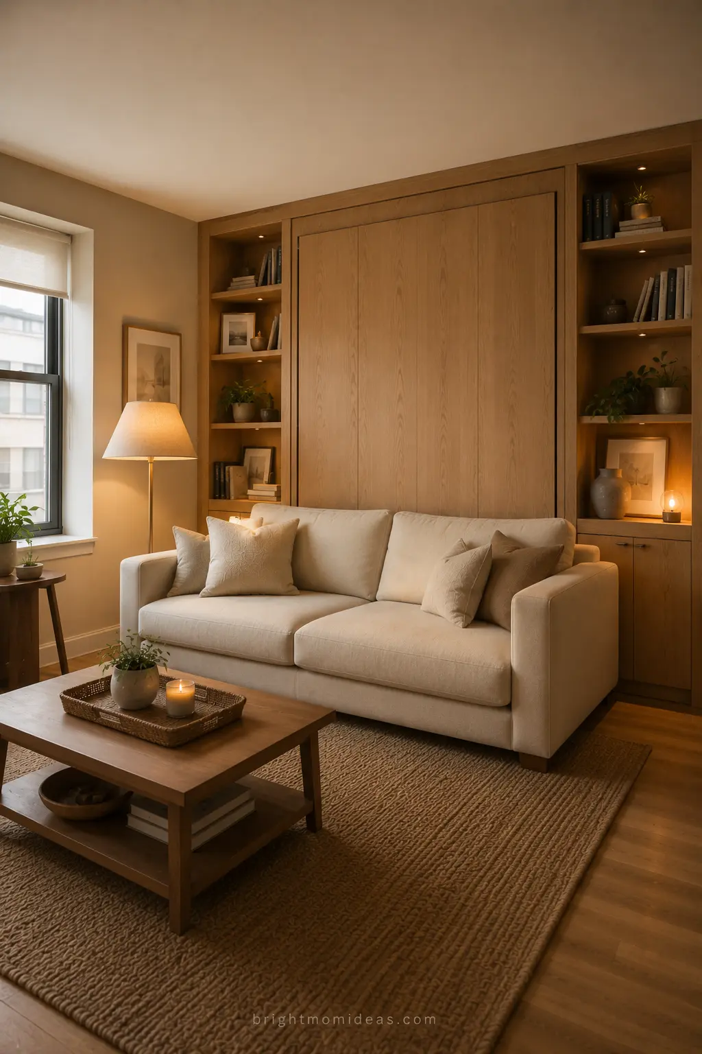 modern murphy wall bed integrated into 
apartment wall unit with sofa in front 
showing living room configuration making 
studio apartment feel like proper one bedroom