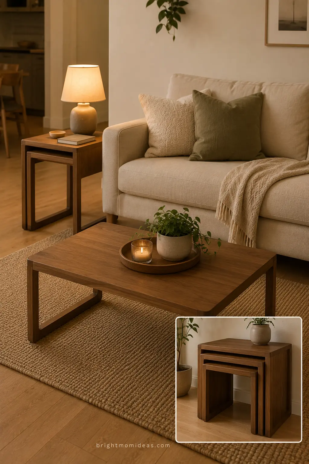 nesting tables in small apartment living 
room stored compactly and pulled apart 
to show flexible surface options replacing 
single large coffee table