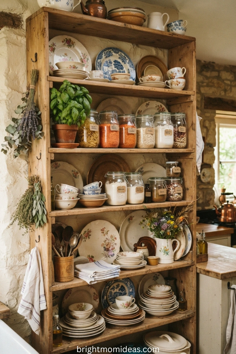 open shelving in a dark cottagecore kitchen with vintage dishware and dried herbs