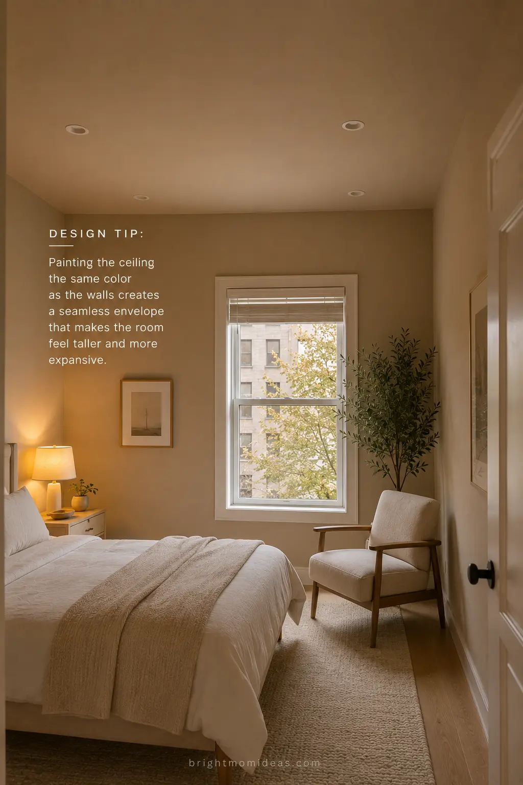 small apartment with ceiling painted same 
warm neutral color as walls eliminating 
boundary line and making room feel taller 
and more seamlessly designed