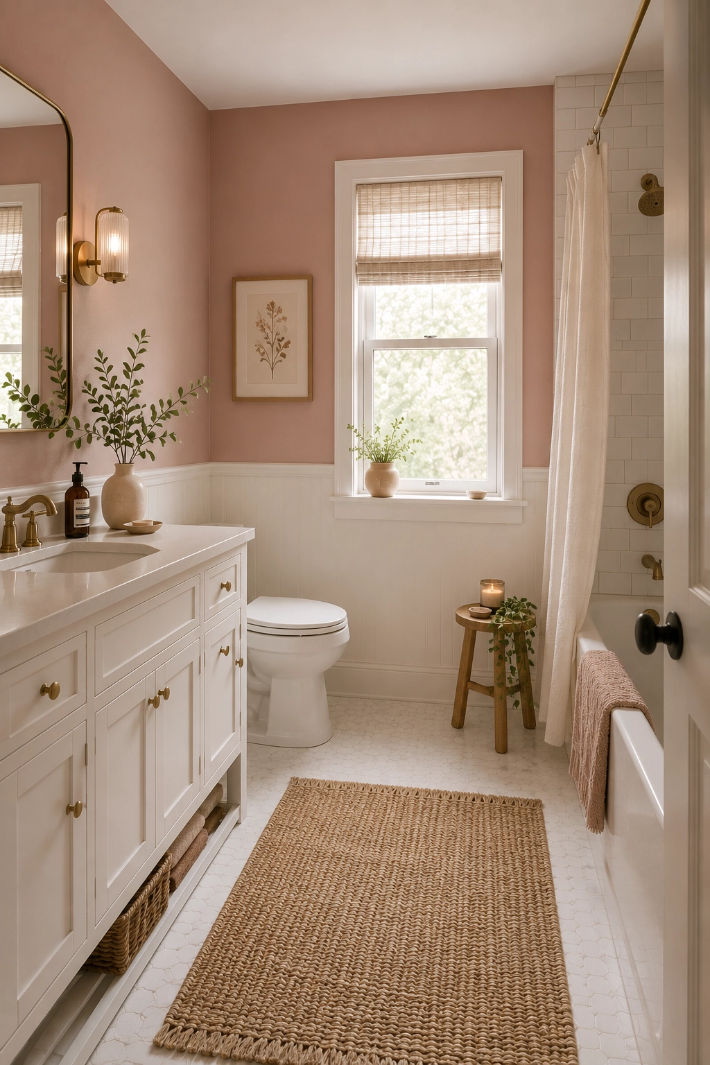 Dusty rose blush pink bathroom with soft natural lighting