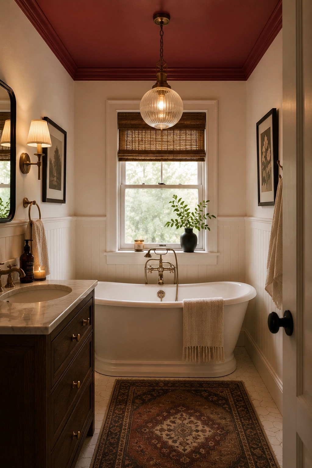 Bold red painted ceiling in a neutral white bathroom"