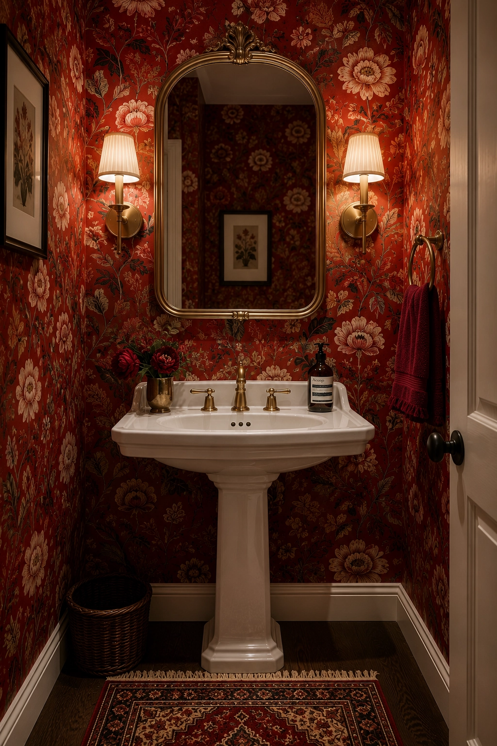 Bold red floral wallpaper in a small powder room"