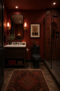Deep merlot red bathroom walls with brass fixtures and white countertop