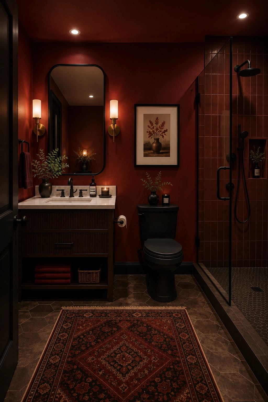 Deep merlot red bathroom walls with brass fixtures and white countertop