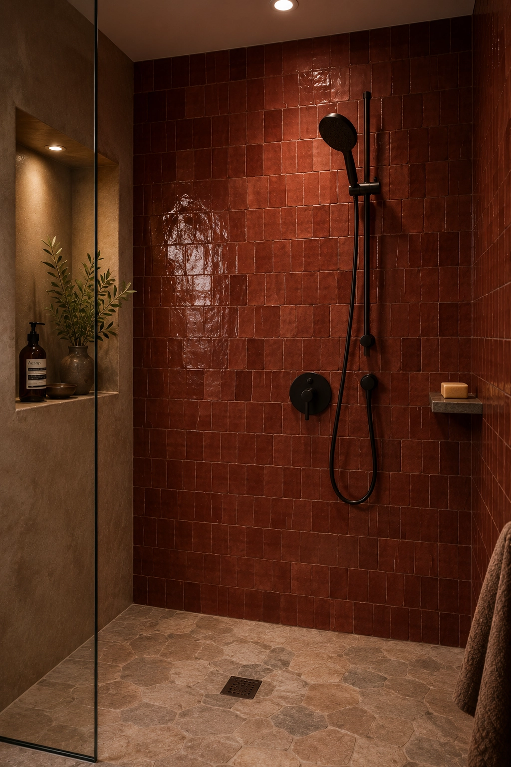 Rust-colored zellige tile shower wall with black fixtures