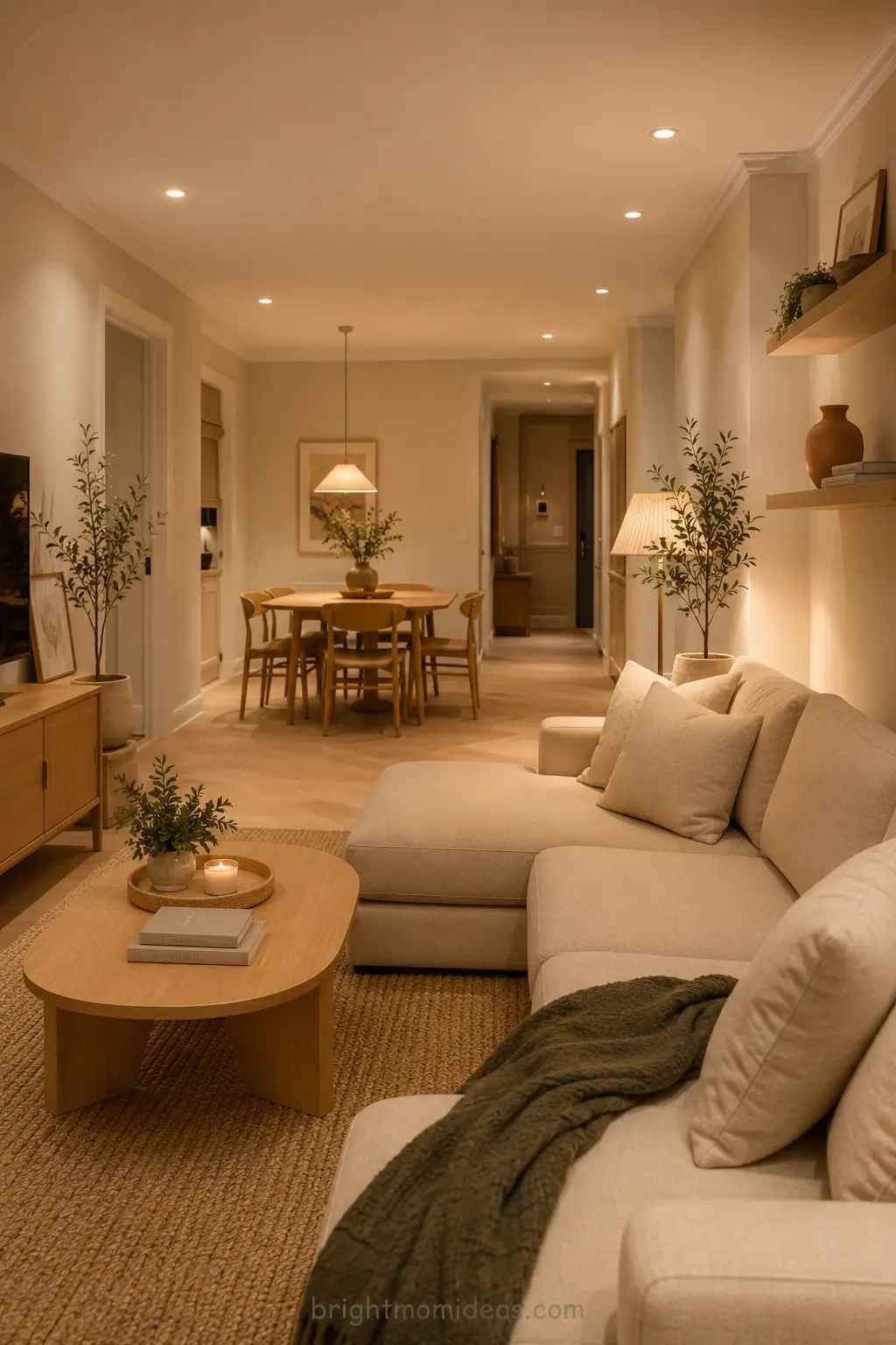 small apartment warm neutral tonal color 
strategy showing greige walls cream 
furniture oat bedding and terracotta 
accent creating cohesive larger feeling space