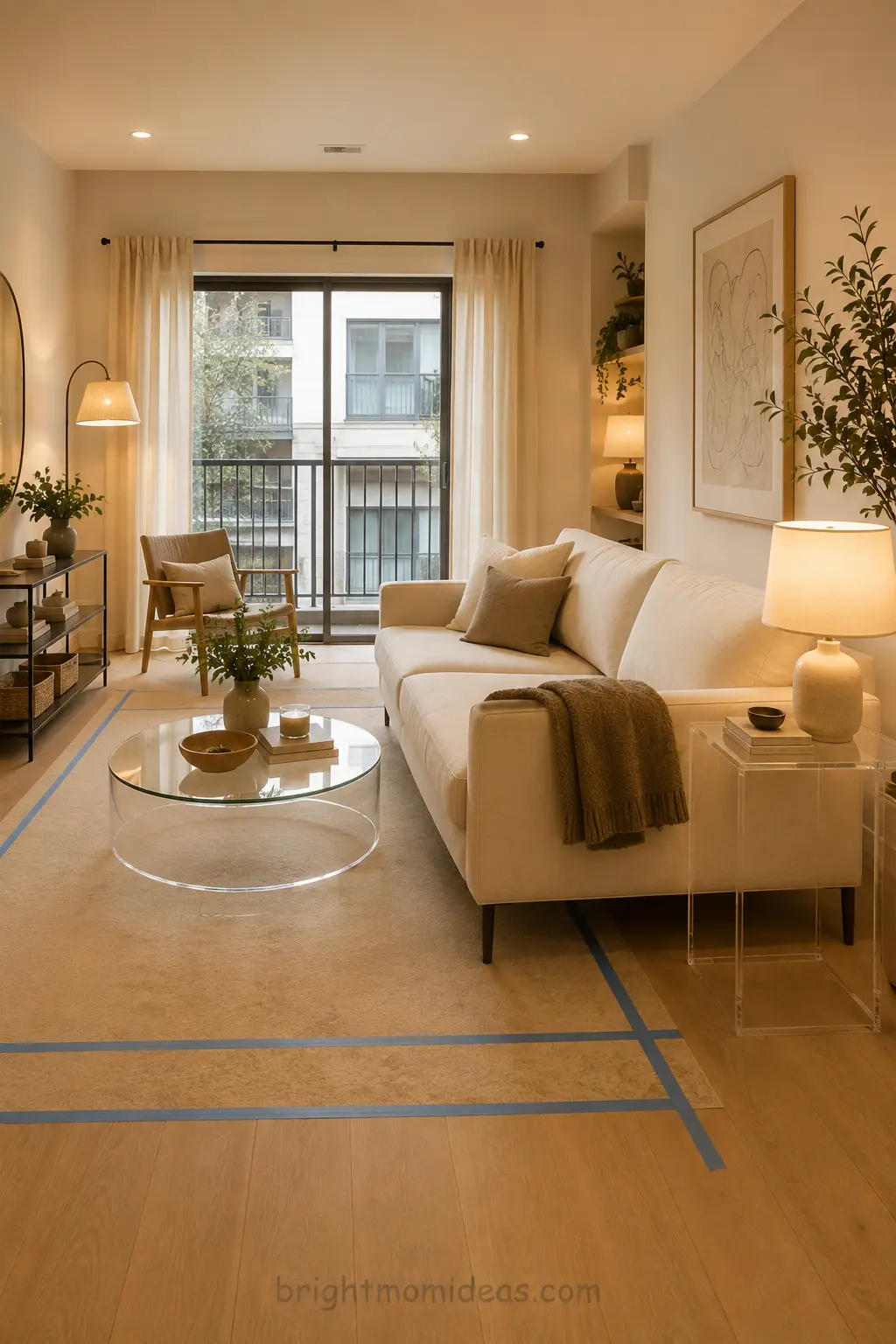 small apartment furniture rules showing 
sofa with visible legs transparent acrylic 
side table and properly scaled pieces 
demonstrating five non negotiable furniture principles