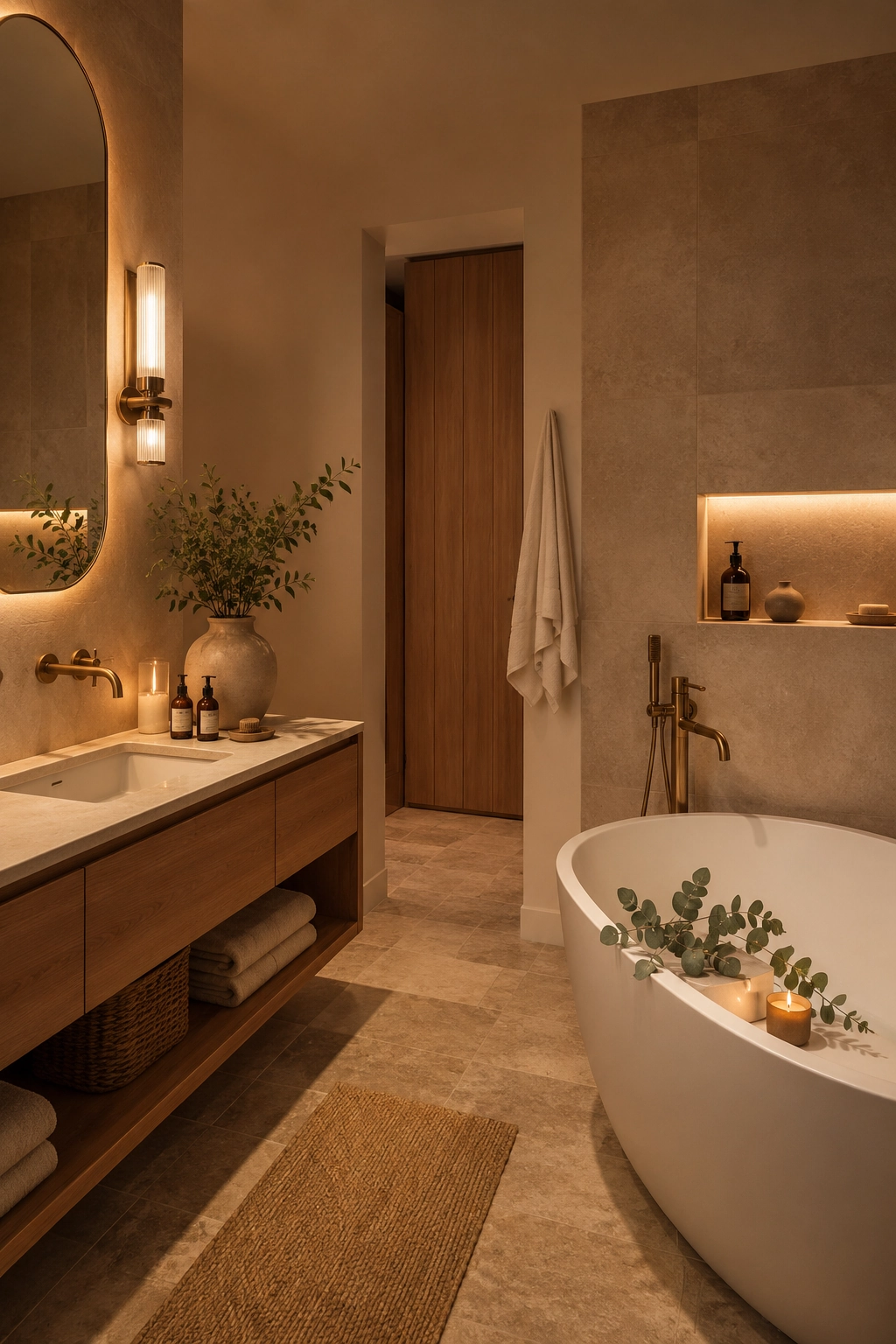Spa-inspired bathroom with warm stone tile, wood vanity, and soft lighting