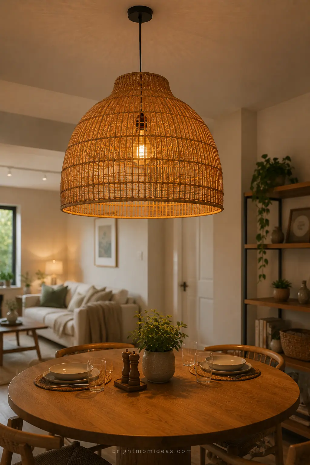 statement rattan pendant light above 
dining area in small apartment creating 
decorative focal point at ceiling level 
while providing warm functional overhead light