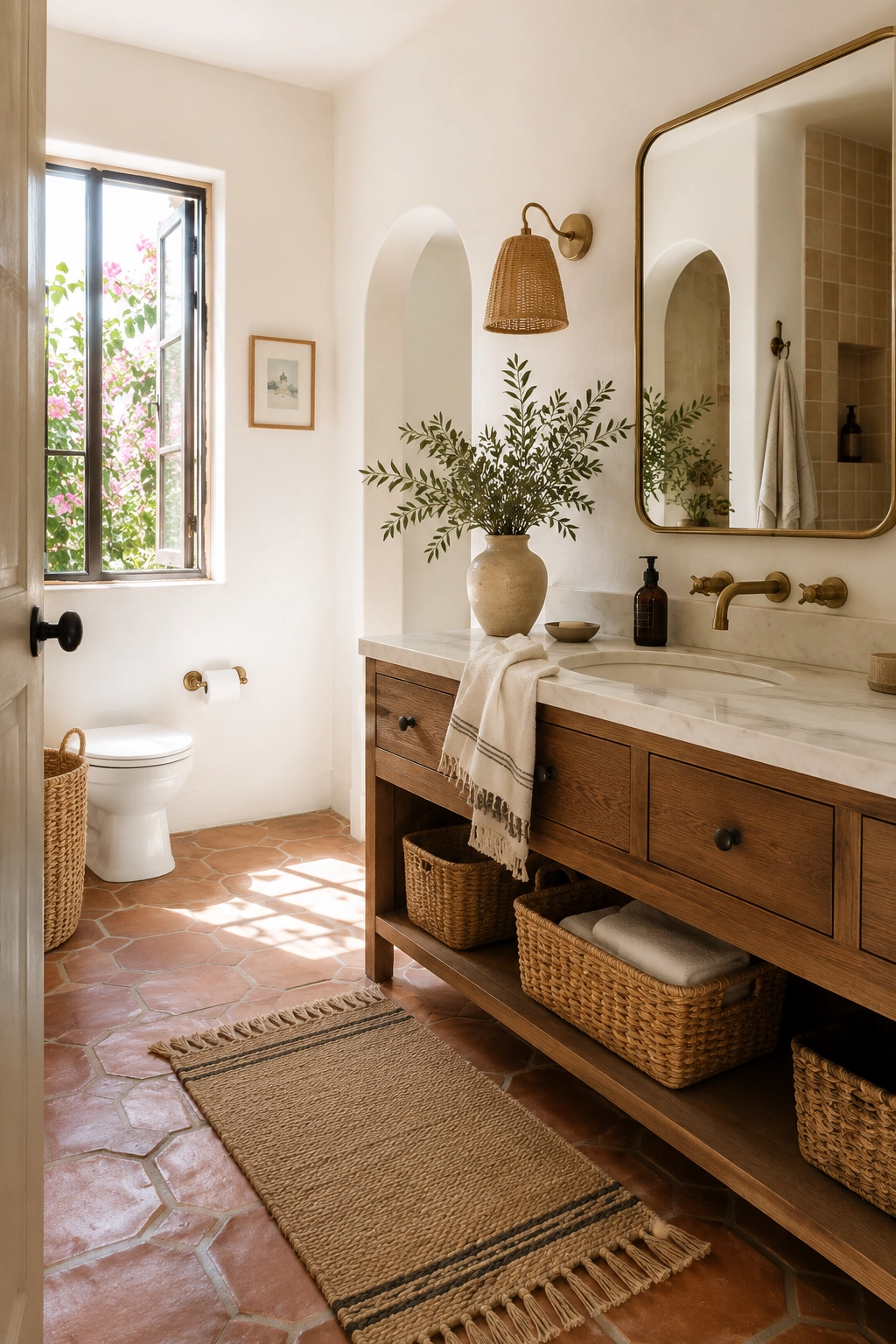 Terracotta tile bathroom floor with white walls and wooden vanity"