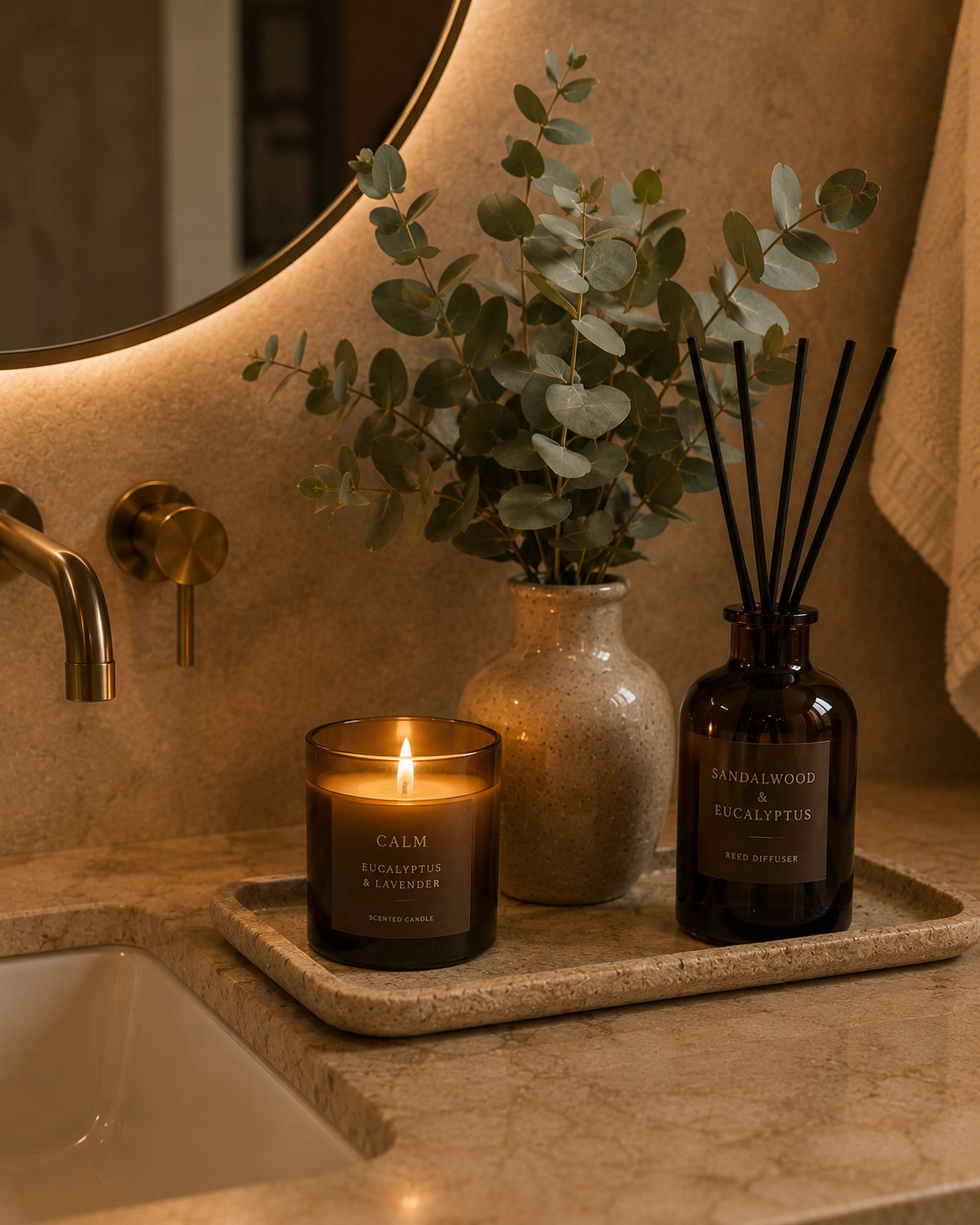 Bathroom vanity with reed diffuser, candle, and eucalyptus