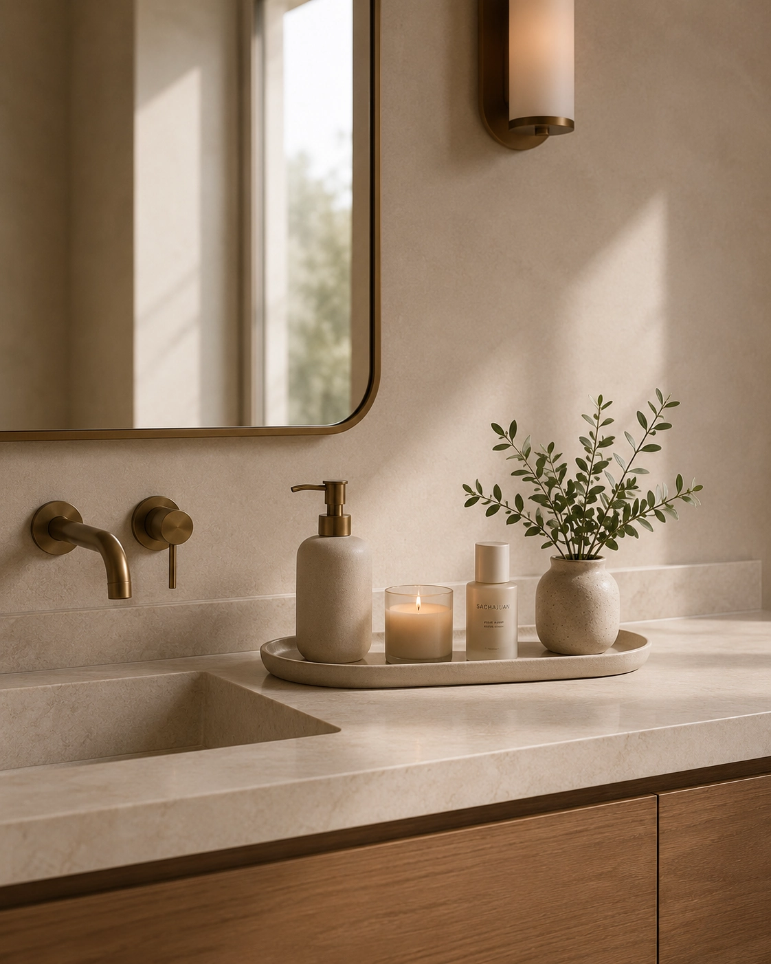 Decluttered spa bathroom vanity with minimal styled items