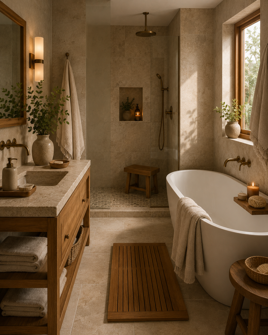 Natural material bathroom with stone, teak, and linen textures
