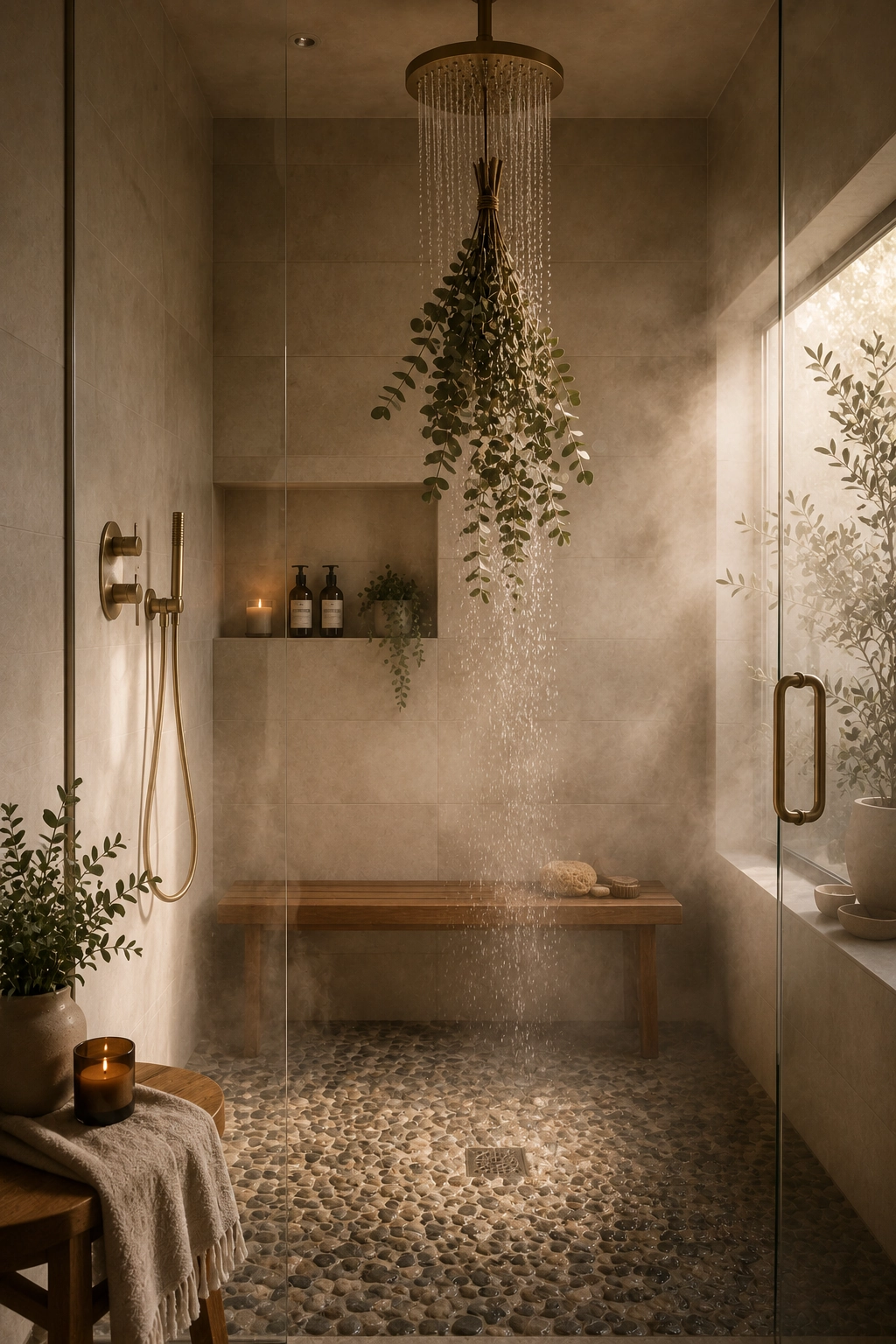 Rainfall shower with pebble floor and hanging eucalyptus bundle