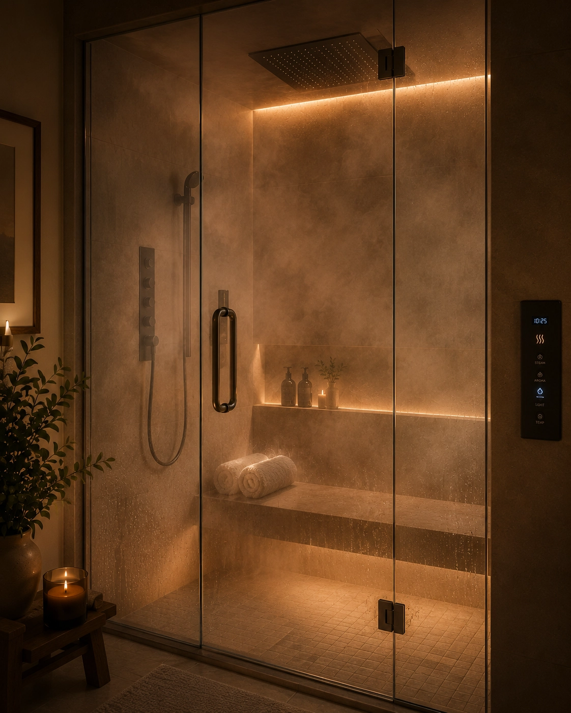 Enclosed steam shower with heated bench and warm lighting