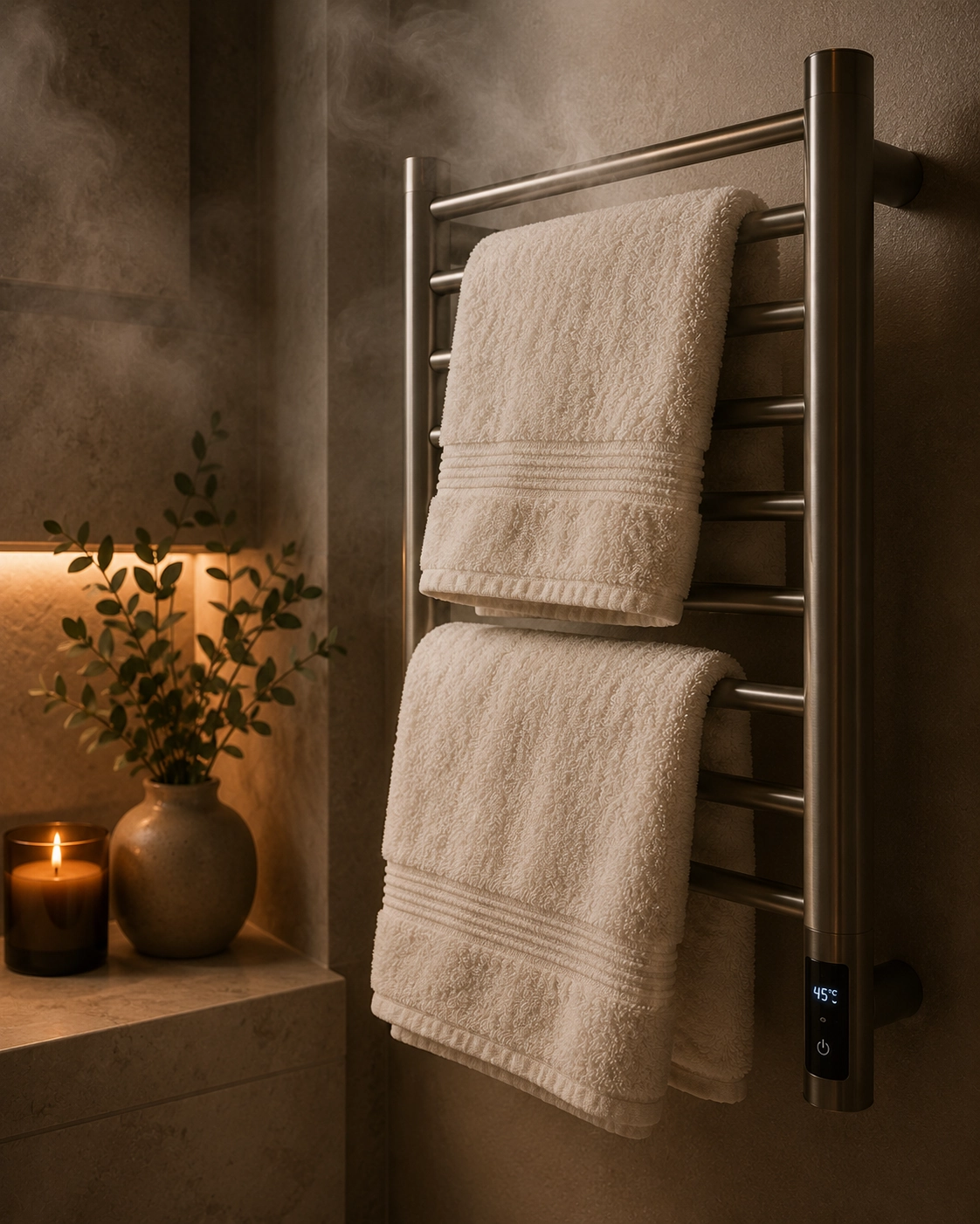 Wall-mounted towel warmer with folded warm towels