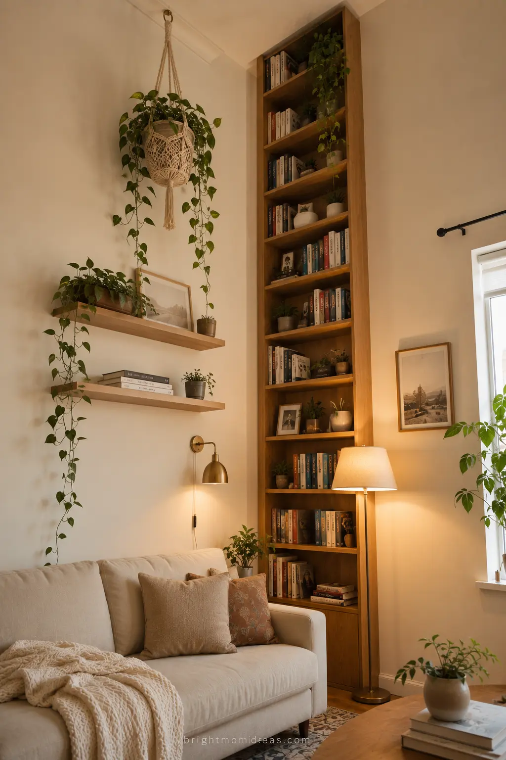 small apartment vertical storage showing 
floor to ceiling bookshelves floating 
shelves above eye level and hanging plants 
using wall space above 170cm effectively