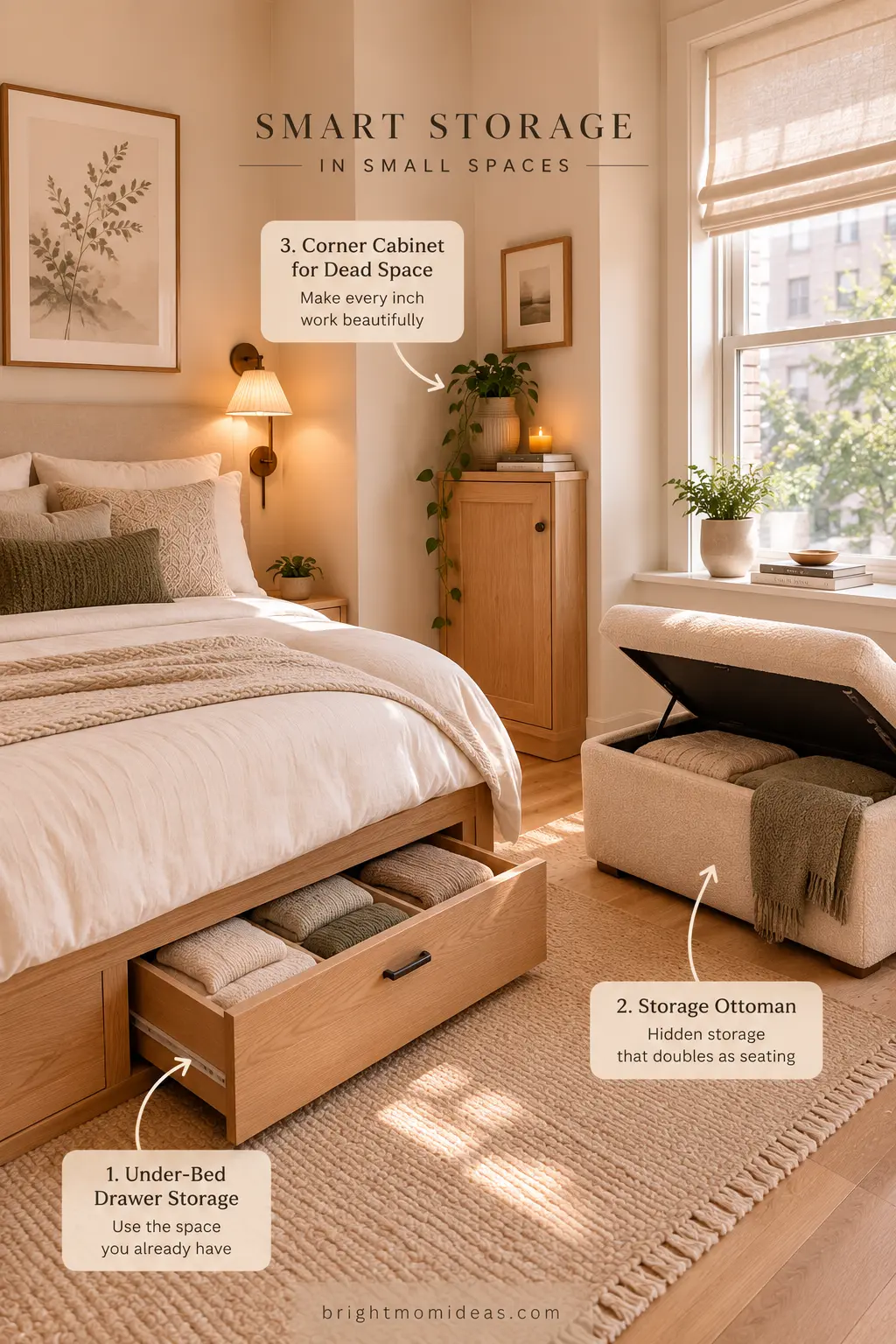 small apartment dead space storage showing 
under bed drawers ottoman storage and 
awkward corner cabinet turning wasted 
square footage into functional storage