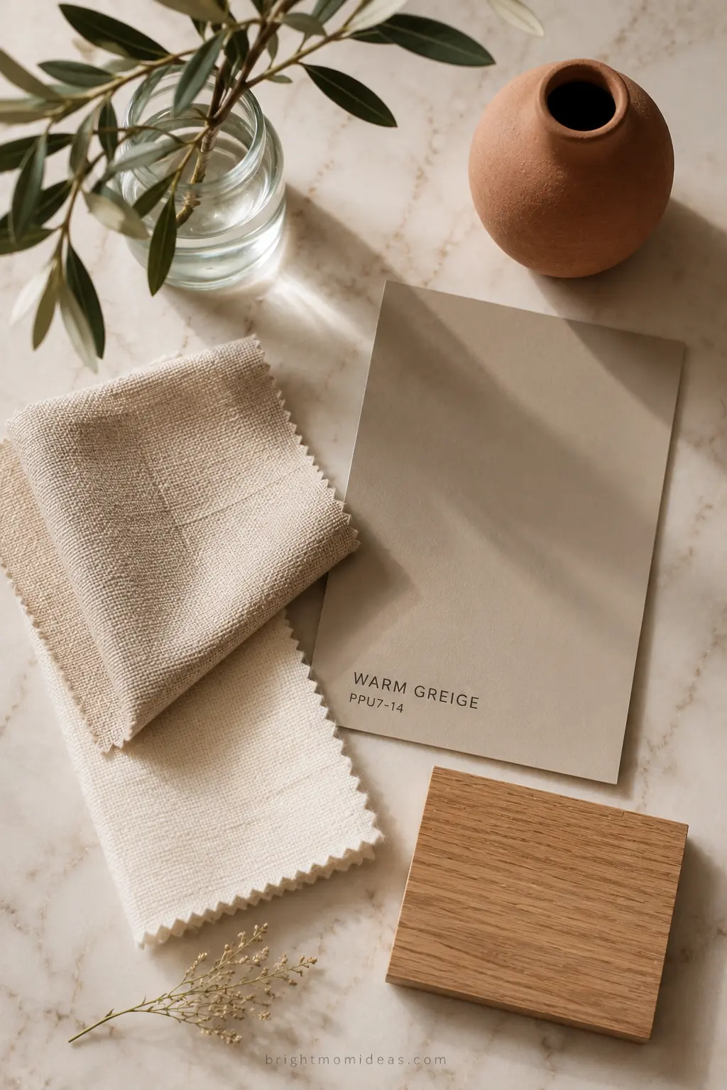 small apartment warm neutral color palette 
showing greige walls cream furniture warm 
white trim and terracotta accent creating 
cohesive tonal space that feels larger