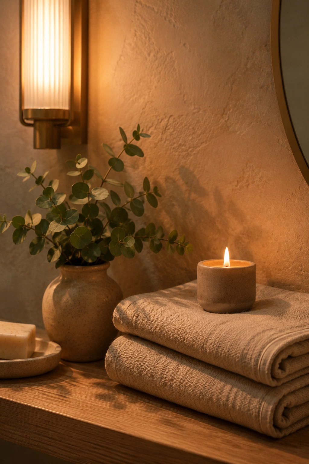 Bathroom vignette showing warm lighting, soft textures, and calm styling