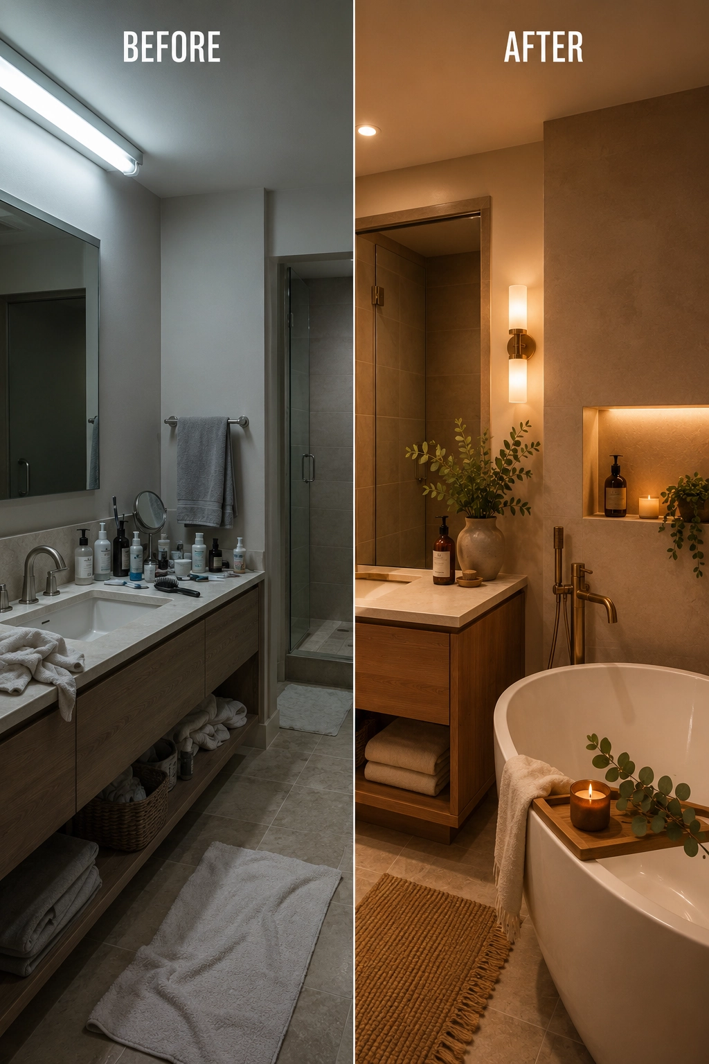 Before and after comparison of a clinical bathroom versus a warm spa-style bathroom