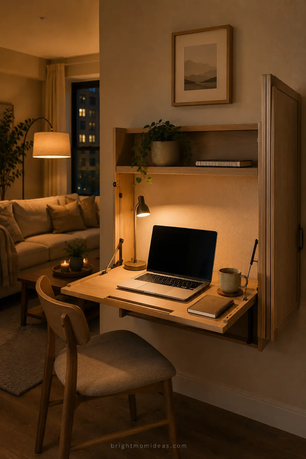 dedicated work from home corner in small 
apartment with fold down wall desk task 
lighting and chair that doubles as dining 
seating keeping workspace separate from living