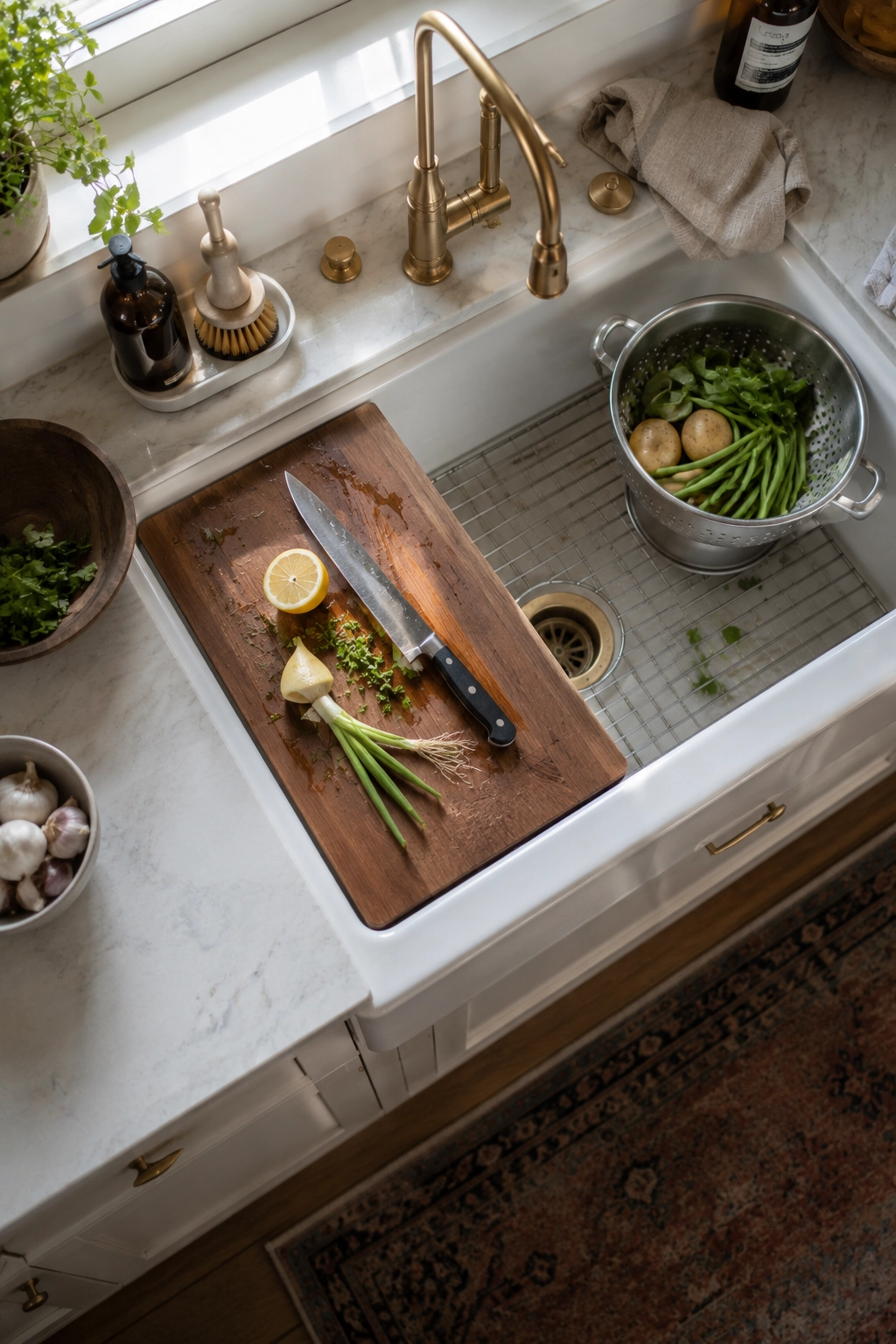 workstation kitchen sink with cutting board and colander accessories