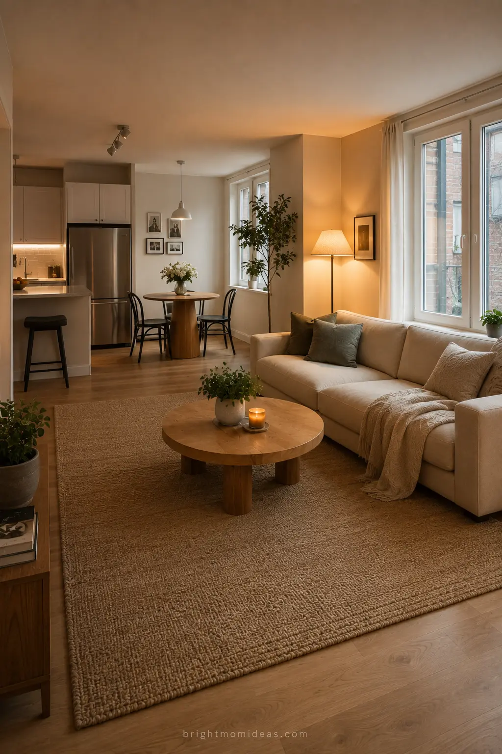 studio apartment zoned with large area rug 
defining living space without walls showing 
sectional sofa coffee table and layered 
lighting creating separate cozy zone