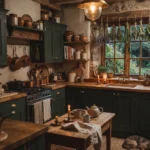 dark cottagecore kitchen with forest green cabinets and vintage pendant lighting