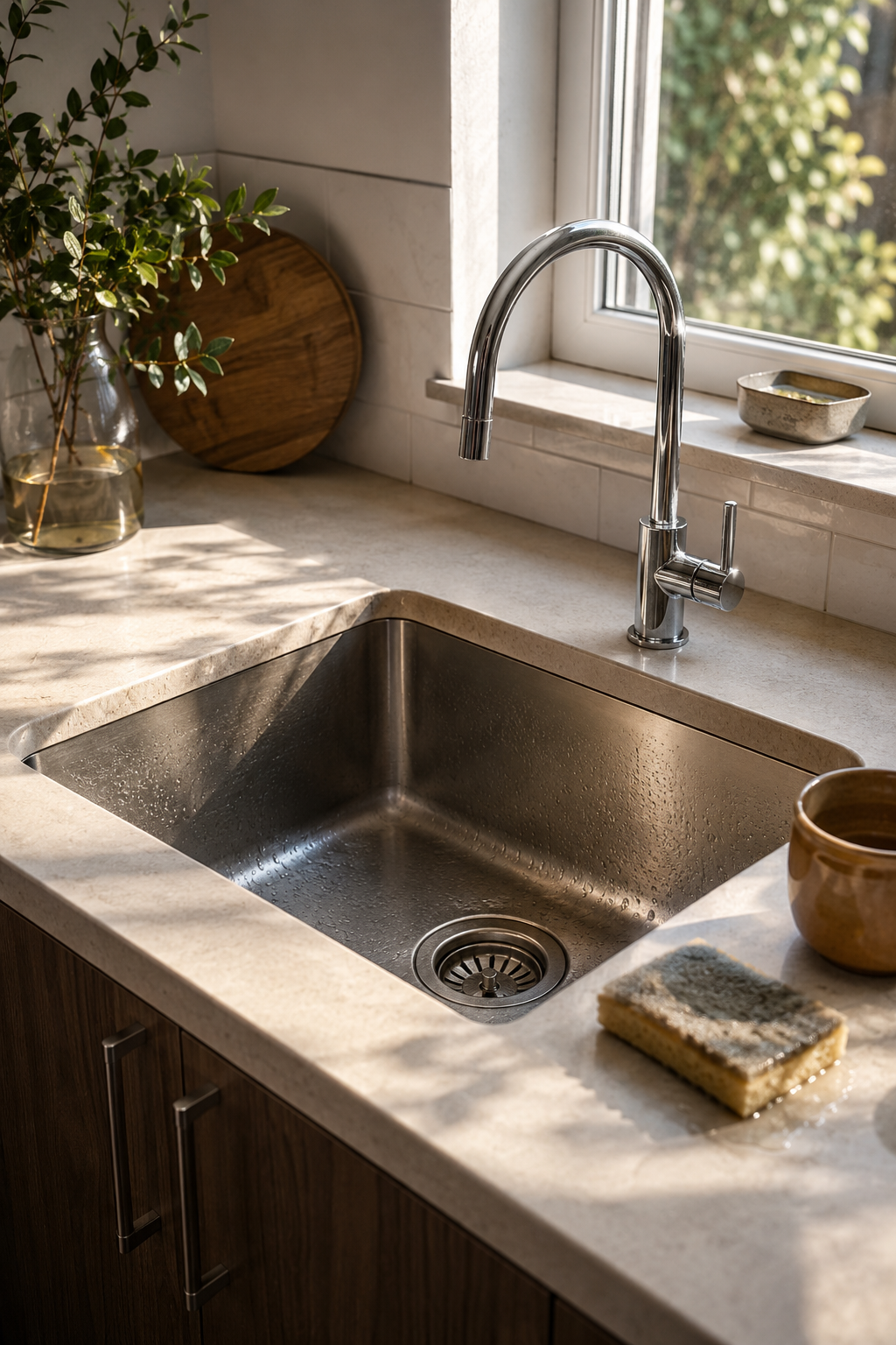 farmhouse style kitchen sink with brass faucet and open shelving