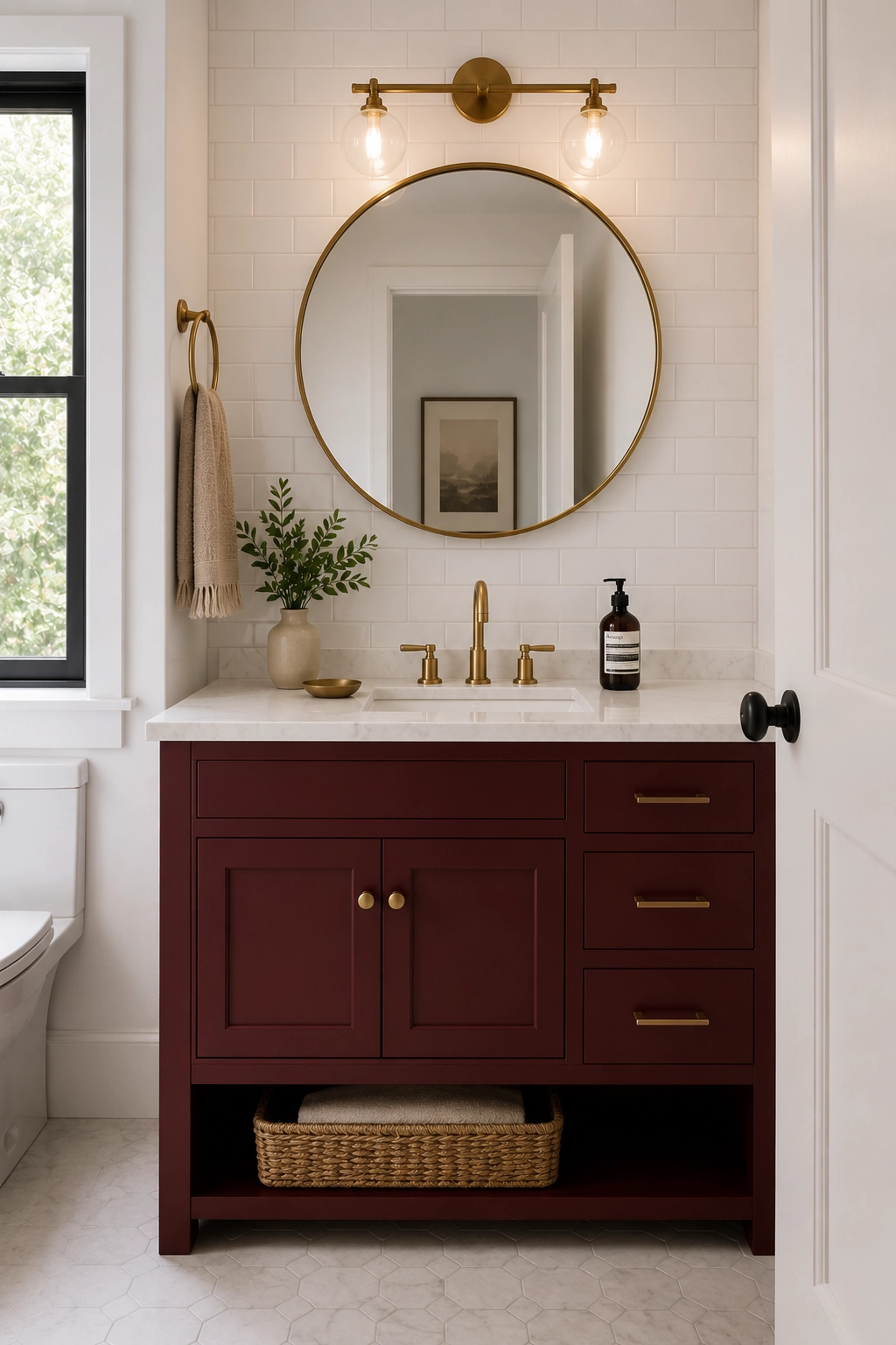 Red vanity cabinet against white subway tile bathroom wall