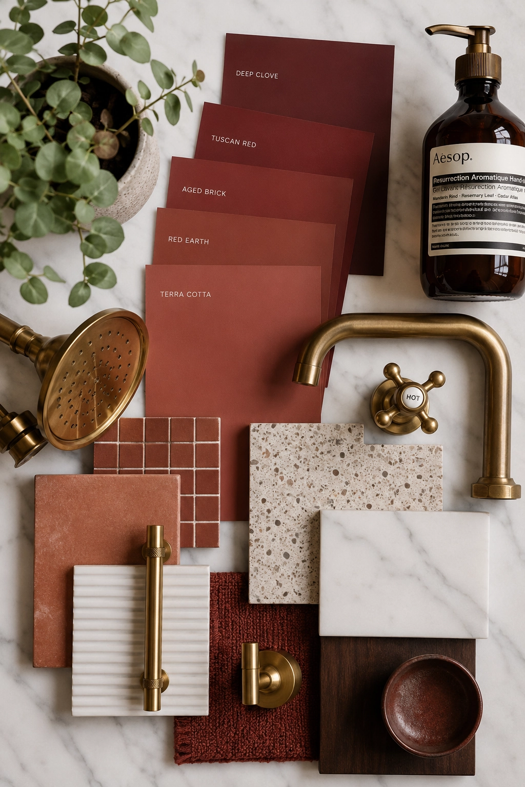 Red bathroom design moodboard with paint swatches and brass fixtures