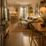 small apartment design ideas 2026 showing cozy well designed studio apartment with warm neutral palette multi functional furniture and layered lighting making every square foot count