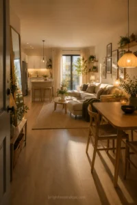 small apartment design ideas 2026 showing cozy well designed studio apartment with warm neutral palette multi functional furniture and layered lighting making every square foot count